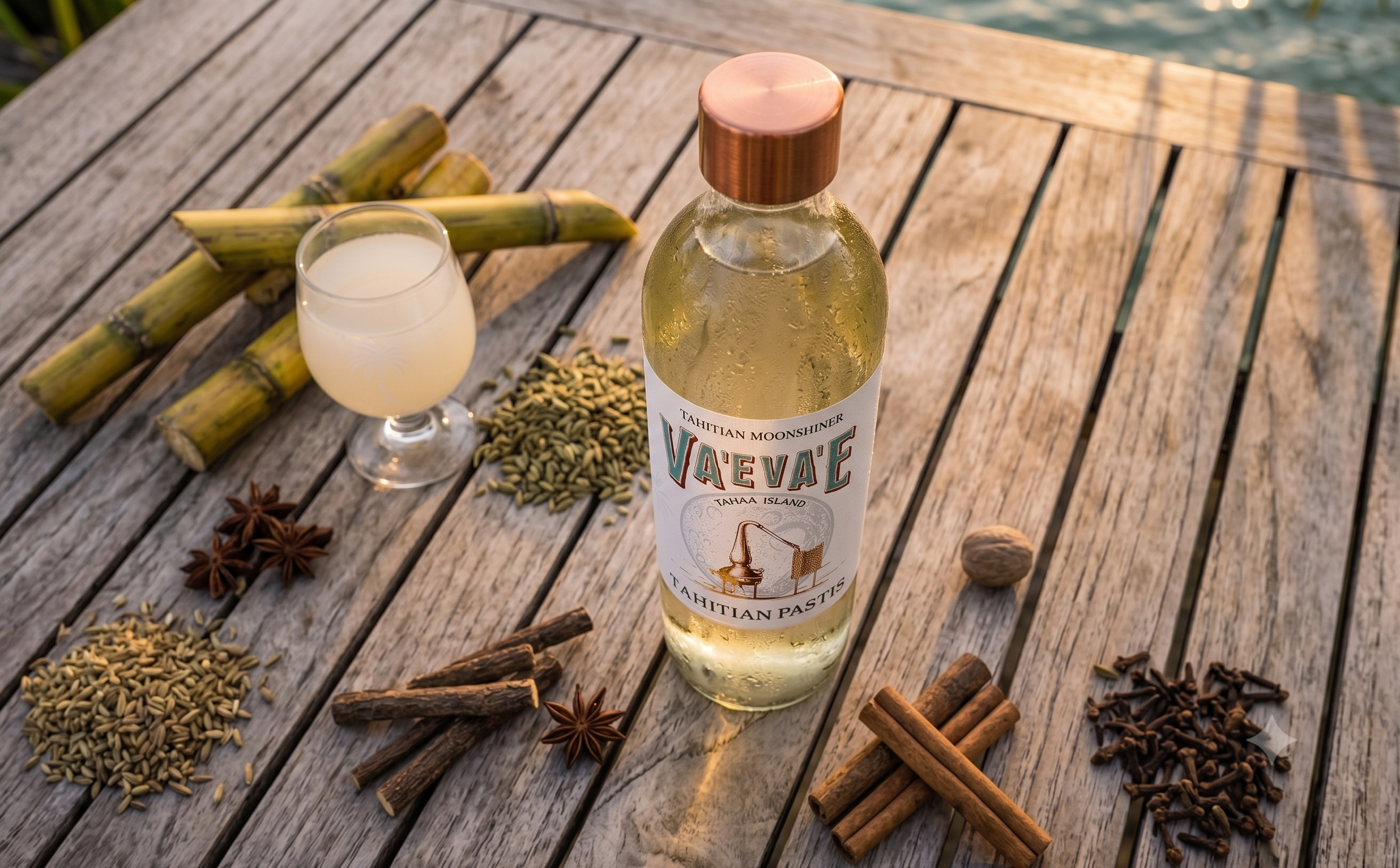 A bottle of Pastis Tahitien facing the lagoon of Taha'a