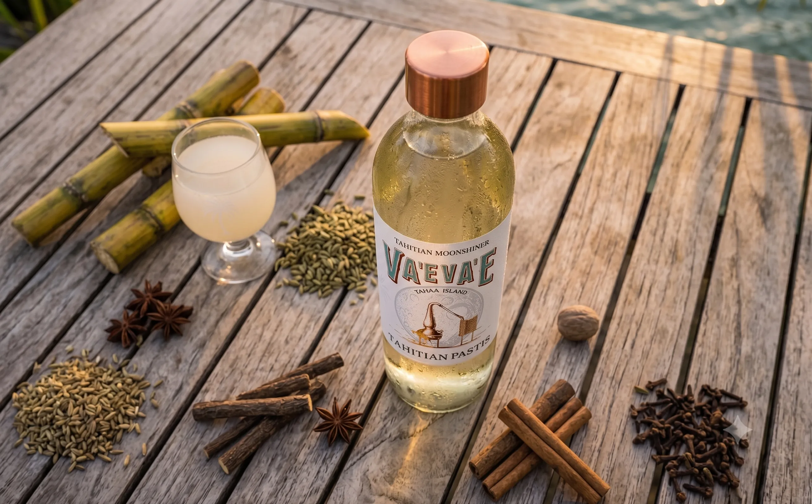 A bottle of Pastis Tahitien facing the lagoon of Taha'a